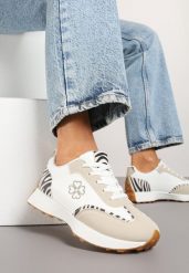 Beżowo-Białe Sneakersy Zdobione Haftem i Zeberkowymi Wstawkami Alinalla. Brązowe obuwie sportowe damskie Born2be, z aplikacjami, z jeansu, trekkingowe. Za 99.99 zł.