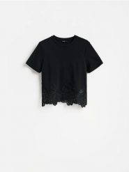 T-shirt z koronką - czarny. Czarne t-shirty damskie Reserved, l, bez wzorów, z bawełny, bez kołnierzyka. Za 89.99 zł.