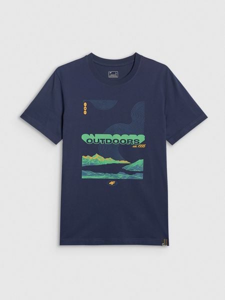 4F T-shirt regular z nadrukiem męski - granatowy S. Niebieskie t-shirty męskie 4f, m, bez wzorów, z bawełny, bez kołnierzyka. W wyprzedaży za 39.99 zł.