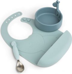 Zestaw obiadowy Peekaboo niebieski ze śliniakiem z kieszonką 3 el. Niebieskie śliniaki dla dzieci Done by deer, bez wzorów. Za 129.00 zł.