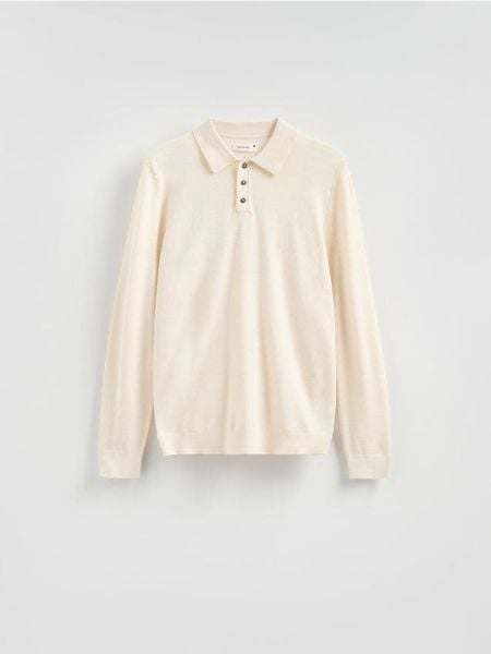 Sweter polo z bawełną - beżowy. Brązowe swetry przez głowę męskie Reserved, l, bez wzorów, z bawełny, bez kołnierzyka. W wyprzedaży za 59.99 zł.