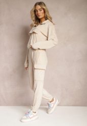 Jasnobeżowy Komplet Dresowy Welurowy z Kieszeniami z Klapami Bluza i Spodnie Amarillis. Brązowe bluzy damskie Renee, m, bez wzorów, z dresówki, bez kaptura. Za 69.99 zł.