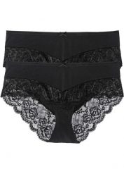 Figi panty (2 pary). Czarne figi damskie bonprix, bez wzorów, z koronki. Za 67.99 zł.