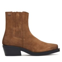 Botki Tommy Jeans. Brązowe botki damskie Tommy Jeans, z jeansu, bez obcasa, na płaskiej podeszwie, bez zapięcia. Za 649.99 zł.