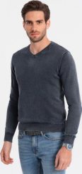 Ombre Washowany sweter męski z dekoltem w serek - granatowy V2 OM-SWOS-0108 M. Niebieskie swetry przez głowę męskie Ombre, m, bez wzorów, bez kołnierzyka. Za 139.99 zł.