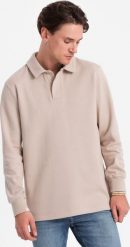 Ombre Bluza męska z kołnierzykiem polo ze strukturalnej dzianiny - beżowa V2 OM-SSNZ-0149 M. Brązowe bluzy męskie Ombre, m, bez wzorów, z dzianiny, bez kaptura. Za 169.99 zł.