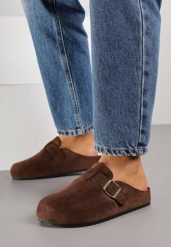 Ciemnobrązowe Klapki Typu Mule z Imitacji Zamszu z Paskiem z Klamerką Anevitta. Brązowe klapki damskie Born2be, bez wzorów, eleganckie, bez obcasa, na płaskiej podeszwie. Za 79.99 zł.
