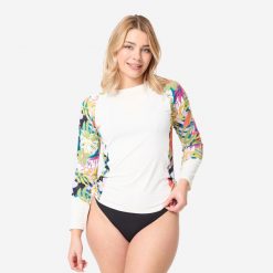 Top UV surfingowy damski Olaian Kanika długi rękaw. Białe koszulki sportowe damskie OLAIAN, s, bez wzorów, z materiału, bez kołnierzyka, bez ramiączek. Za 69.99 zł.
