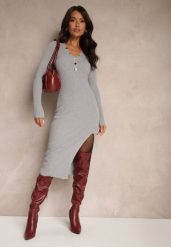 Szara Prążkowana Sukienka o Dopasowanym Kroju Ozdobiona Metalicznymi Napami Felirra. Szare sukienki damskie Renee, na imprezę, m, bez wzorów, prążkowane, eleganckie, bez kołnierzyka, bez ramiączek, midi, dopasowane. Za 79.99 zł.