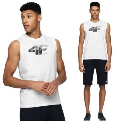 Tank top męski 4F 4FWSS25TSLEM287. Białe t-shirty męskie 4f, na lato, m, bez wzorów, z bawełny, sportowe, bez kołnierzyka. Za 39.99 zł.