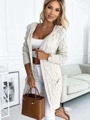 Sweter Kardigan Model 491-1 Beige Warkocz - Numoco. Brązowe kardigany damskie NUMOCO, plus size, bez wzorów, z elastanu, bez kołnierzyka, plus size, bez ramiączek, z kapturem. Za 209.40 zł.