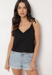 Czarny Top z Modalem i Bawełną Ozdobiona Wiązaniem Lilacea. Czarne bluzki damskie Born2be, l, bez wzorów, z bawełny, eleganckie, bez kołnierzyka, bez ramiączek. Za 39.99 zł.