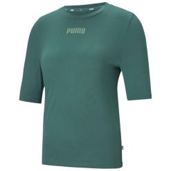 Koszulka damska Puma Modern Basics Tee Cloud zielona. Zielone koszulki sportowe damskie Puma, s, bez wzorów, bez kołnierzyka, bez ramiączek, na jogę i pilates. Za 69.00 zł.
