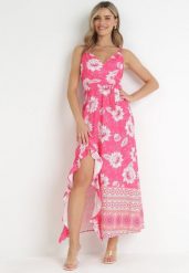 Fuksjowa Sukienka Maxi na Cienkich Ramiączkach i Materiałowym Paskiem Adakila. Czerwone sukienki damskie Born2be, m, bez wzorów, z materiału, eleganckie, bez kołnierzyka, bez ramiączek, maxi. Za 64.99 zł.