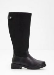 Kozaki z szeroką cholewką. Czarne kozaki damskie bonprix, z materiału, bez obcasa. Za 209.99 zł.