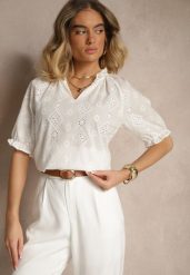 Biała Bluzka Bawełniana Ozdobiona Haftami Zifene. Białe bluzki damskie Renee, m, z aplikacjami, z bawełny, bez kołnierzyka, bez ramiączek. Za 49.99 zł.
