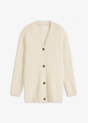 Gruby sweter rozpinany z miękkiej mieszanki wełny. Białe swetry damskie bonprix, bez wzorów, z wełny, bez kołnierzyka, bez ramiączek, bez kaptura. Za 124.99 zł.