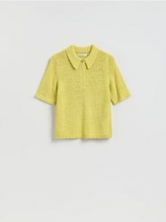 Sweter z krótkim rękawem - zielony. Zielone swetry damskie Reserved, l, bez wzorów, z dzianiny, bez kołnierzyka, bez ramiączek, krótkie, bez kaptura. Za 99.99 zł.