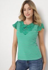 Zielony Bawełniany T-shirt w Paski z Koronkowymi Wstawkami Idamarie. Zielone bluzki damskie Born2be, m, bez wzorów, z bawełny, bez kołnierzyka. Za 39.99 zł.