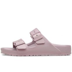 Klapki Birkenstock Arizona Eva Damskie. Fioletowe klapki damskie Birkenstock, bez wzorów, z materiału, bez obcasa. Za 272.30 zł.