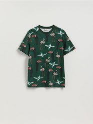 T-shirt regular z nadrukiem allover - morski. Zielone t-shirty męskie Reserved, l, bez wzorów, z bawełny, bez kołnierzyka. W wyprzedaży za 29.99 zł.