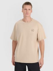 4F T-shirt oversize z nadrukiem męski - beżowy XL. Brązowe koszulki sportowe męskie 4f, m, bez wzorów, z bawełny, klasyczne, bez kołnierzyka. Za 69.99 zł.