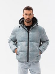 Kurtka męska puffer - jasnoniebieska V1. Niebieskie kurtki męskie Ombre Clothing, na zimę, l, bez wzorów, z materiału. W wyprzedaży za 99.99 zł.