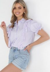 Fioletowa Koszula z Haftowanymi Falbankami Bruchy. Fioletowe bluzki damskie Born2be, na wiosnę, l, bez wzorów, bez kołnierzyka, bez ramiączek. Za 119.99 zł.