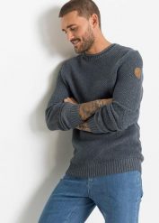 Sweter z bawełny z recyklingu. Niebieskie swetry przez głowę męskie bonprix, m, bez wzorów, z bawełny, bez kołnierzyka. Za 124.99 zł.