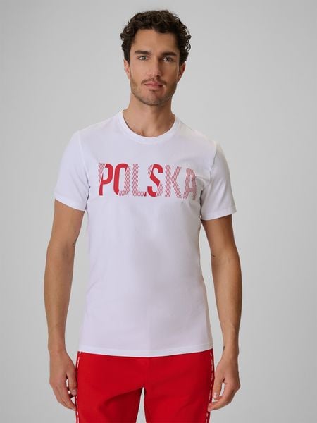 4F Koszulka kibica męska - biała XS. Białe t-shirty męskie 4f, m, bez wzorów, z bawełny, bez kołnierzyka. Za 69.99 zł.