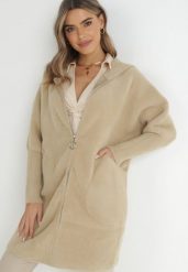 Beżowy Płaszcz Wełniany z Alpaką i Kapturem na Suwak Hetsatsa. Brązowe płaszcze damskie Born2be, bez wzorów, z tkaniny, biznesowe, z kapturem. Za 169.99 zł.