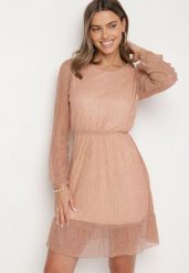 Szampańska Sukienka z Wiskozy Ozdobiona Metaliczną Nicią Meliorea. Żółte sukienki damskie Born2be, m, z aplikacjami, z wiskozy, eleganckie, bez kołnierzyka, bez ramiączek. Za 99.99 zł.