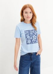 T-shirt z kwiatowym nadrukiem. Niebieskie t-shirty damskie bonprix, bez wzorów, bez kołnierzyka. Za 49.99 zł.