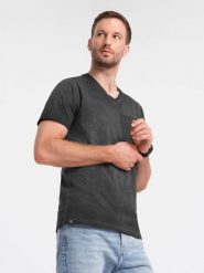 Męski t-shirt V-neck o pręgowanej strukturze z kieszonką – czarny V6 - Rozmiar: L. Czarne t-shirty męskie Ombre Clothing, l, bez wzorów, z bawełny, eleganckie, bez kołnierzyka. W wyprzedaży za 19.99 zł.