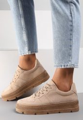 Beżowe Sneakersy z Perforacją na Żłobionej Podeszwie Riparian Rights. Brązowe obuwie sportowe damskie Renee, bez wzorów, z koronki. Za 89.99 zł.