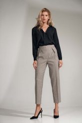 Wzorzyste Spodnie 7/8 w Kant z Zakładkami. Brązowe spodnie materiałowe damskie Figl, l, bez wzorów, z materiału, z podwyższonym stanem. Za 269.00 zł.