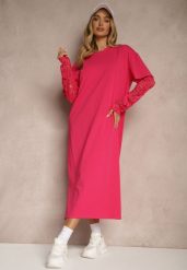 Fuksjowa Sukienka z Bawełny o Kroju Typu T-shirt z Koronką i Rozcięciami Tanisla. Czerwone sukienki damskie Renee, na co dzień, bez wzorów, z bawełny, eleganckie, bez kołnierzyka, bez ramiączek, midi, proste. Za 59.99 zł.