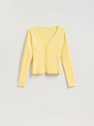 Kardigan z wiskozą - jasnożółty. Żółte kardigany damskie Reserved, l, bez wzorów, z dzianiny. Za 119.99 zł.