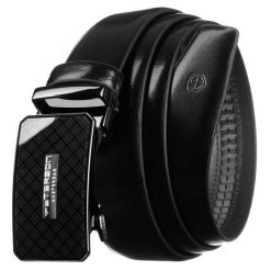 Pasek męski w czarnym kolorze wykonany ze skóry naturalnej z automatyczną klamrą - Peterson. Czarne paski damskie Peterson, bez wzorów, ze skóry. Za 129.00 zł.