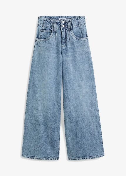 Dżinsy wide leg z wysokim stanem. Niebieskie jeansy damskie bonprix, z podwyższonym stanem. Za 159.99 zł.