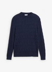 Sweter we wzór w warkocze z czystej bawełny organicznej nadającej się do recyklingu. Niebieskie swetry przez głowę męskie bonprix, m, bez wzorów, z bawełny, bez kołnierzyka. Za 129.99 zł.