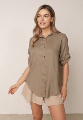 Jasnozielona Koszula Casual z Wiskozą i Lnem z Rękawami 3/4 Linyana. Zielone bluzki damskie Born2be, l, bez wzorów, z jeansu, casualowe, bez kołnierzyka, bez ramiączek. Za 99.99 zł.