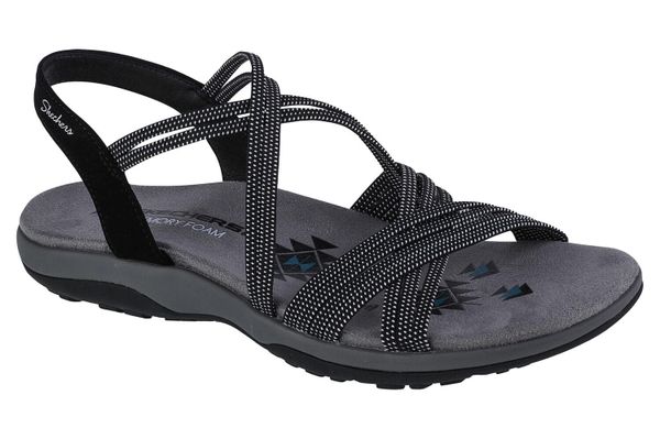 Sandały SKECHERS REGGAE SLIM - TURN IT UP Czarny. Czarne sandały damskie Skechers, bez wzorów, z tkaniny, bez obcasa, bez zapięcia. Za 249.99 zł.