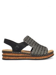 Rieker Sandały 62971-00 Czarny. Czarne sandały damskie Rieker, bez wzorów, z materiału, bez obcasa, na koturnie, bez zapięcia. Za 239.99 zł.
