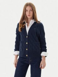 Tommy Hilfiger Kardigan WW0WW43089 Granatowy Regular Fit. Niebieskie kardigany damskie Tommy Hilfiger, s, bez wzorów, z wełny, bez kołnierzyka, bez ramiączek, bez kaptura. Za 749.99 zł.