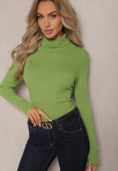 Jasnozielony Klasyczny Golf z Prążkowanego Materiału Belikorre. Zielone swetry damskie Renee, m, bez wzorów, z jeansu, eleganckie, bez kołnierzyka, bez ramiączek, bez kaptura. Za 69.99 zł.