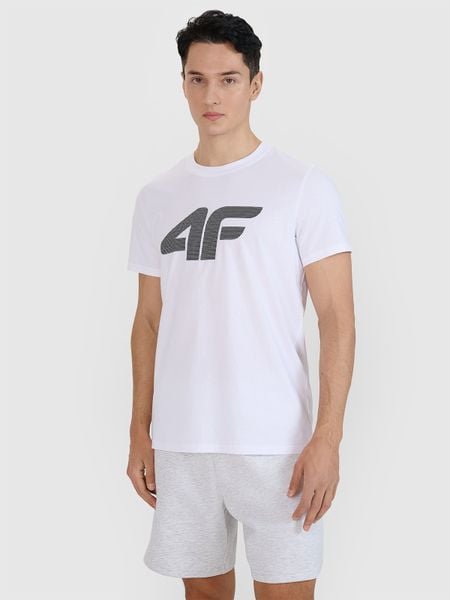 4F T-shirt regular z nadrukiem męski - biały S. Białe koszulki sportowe męskie 4f, m, bez wzorów, z bawełny, klasyczne, bez kołnierzyka. Za 49.99 zł.