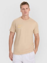 4F T-shirt regular z nadrukiem męski - brązowy S. Białe koszulki sportowe męskie 4f, m, bez wzorów, z bawełny, klasyczne, bez kołnierzyka. Za 59.99 zł.