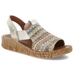 Sandały damskie Armodo, skórzane z gumką na platformie boho wygodne, multikolor złoty, 40449. Żółte sandały damskie Armodo, z aplikacjami, bez obcasa, na platformie, bez zapięcia. Za 249.00 zł.