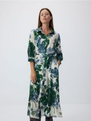 Koszulowa sukienka midi - wielobarwny. Sukienki damskie Reserved, na co dzień, l, bez wzorów, z tkaniny, bez kołnierzyka, bez ramiączek, midi, koszulowe. W wyprzedaży za 159.99 zł.